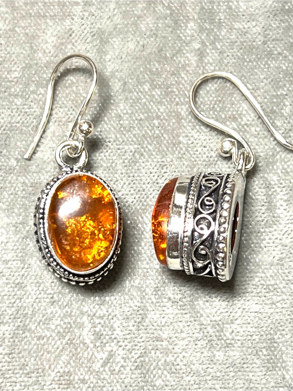NWT Solid Sterling Silver Natural Amber Oval Drop Artisan Earrings Stamped 925 - Picture 4 of 7